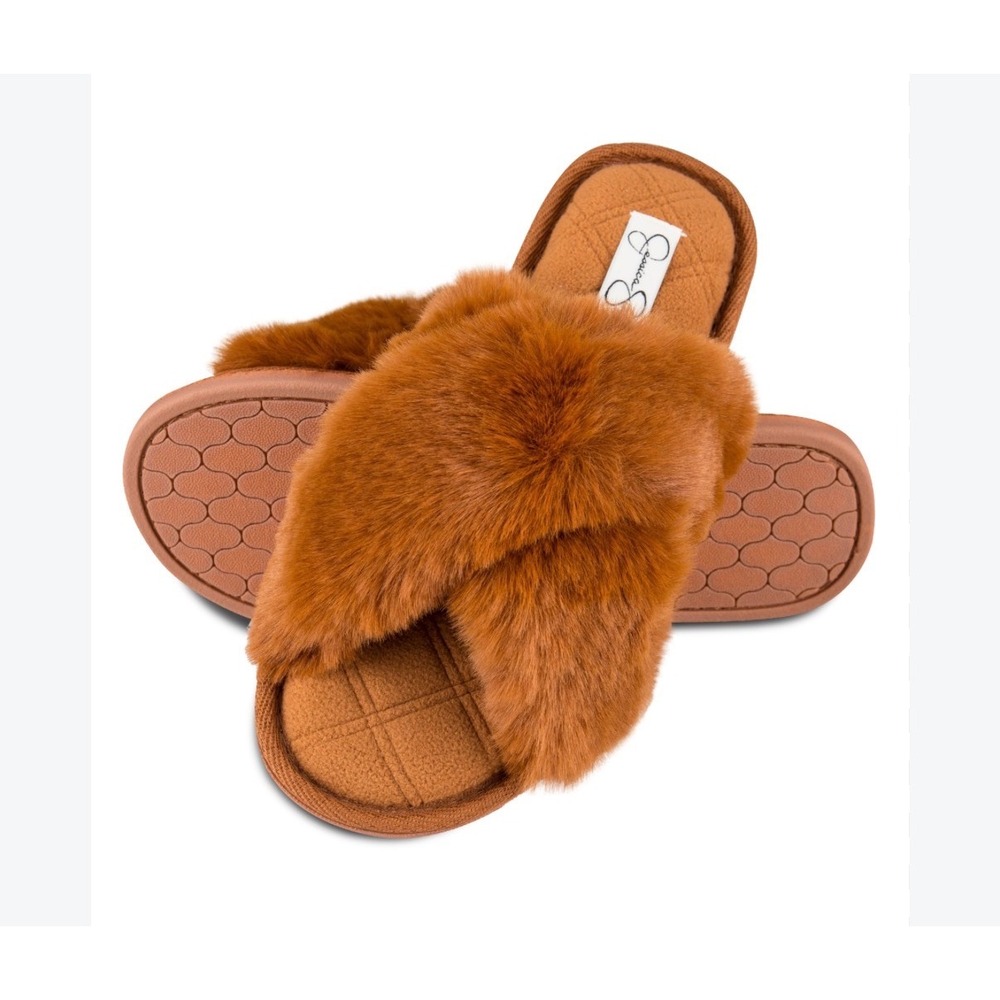 Jessica Simpson Womens Cognac Brown Faux Fur Crisscross Slide Slippers L 8-9